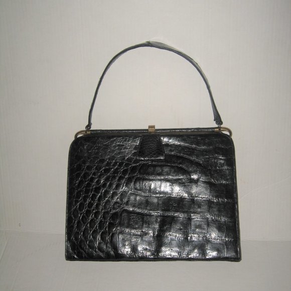 ❤️ PAOLO DEL LUNGO TOP HANDLE BAG PURSE Black Crocodile - Picture 1 of 10